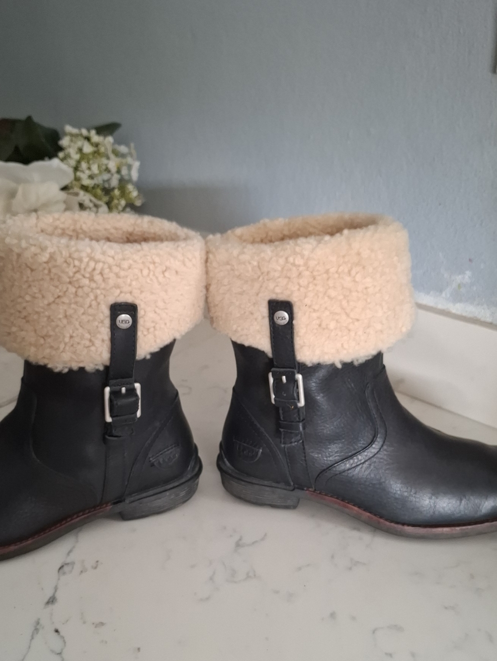 UGG Black Leather Ankle Boots with Cream Shearling Cuff